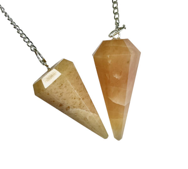 Example of two Satyaloka Pendulums - orange and yellow - on a silver chain, on a white background