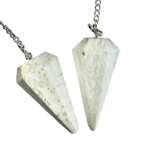 Example of two Scolecite Pendulums - white with cream striations - on a silver chain, on a white background