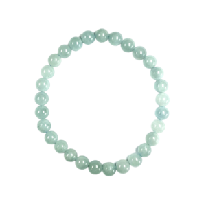 One 6mm round bead Aqua bracelet from the top - pale blue beads - on a white background