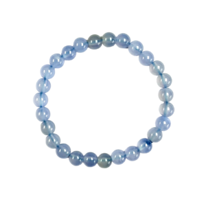 One 7mm round bead Blue Chalcedony bracelet from the top - pale blue beads - on a white background