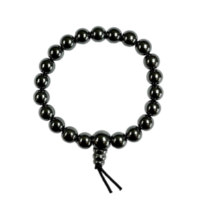 One Haematine power bracelet viewed from the top - metallic grey round beads with one larger bead - on a white background