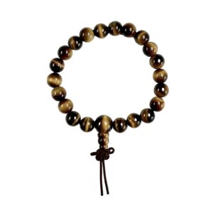 One Tiger Eye power bracelet viewed from the top - brown, black and gold banded round beads with one larger bead - on a white background