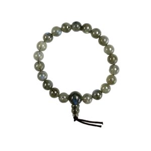 One Labradorite power bracelet viewed from the top - grey and green, with blue flashes round beads with one larger bead - on a white background