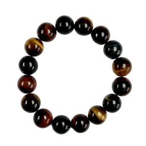 One 12mm round bead Mixed Tigers Eye bracelet from the top - large black, gold, red banded beads - on a white background