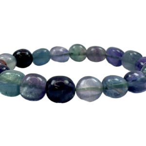 One light Fluorite Nugget bracelet from the side - large see-through purple and green beads - on a white background