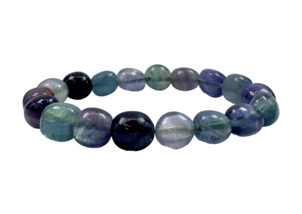 One light Fluorite Nugget bracelet from the side - large see-through purple and green beads - on a white background