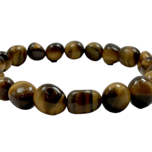 One Tiger Eye nugget bracelet from the side - large gold, brown and black banded beads - on a white background