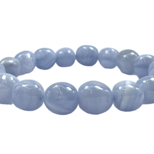 One Blue Lace nugget bracelet from the side - large banded pale blue beads - on a white background