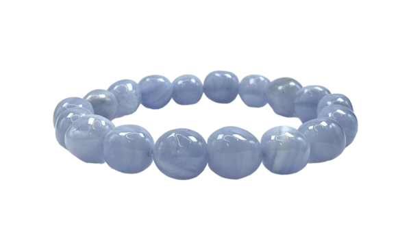 One Blue Lace nugget bracelet from the side - large banded pale blue beads - on a white background