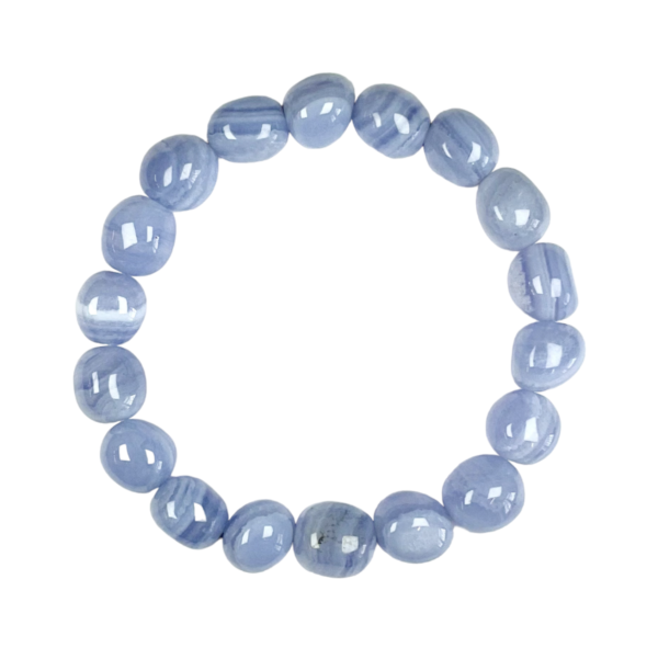 One Blue Lace nugget bracelet from the top - large banded pale blue beads - on a white background
