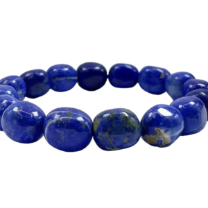 One Lapis nugget bracelet from the top - large blue and gold beads - on a white background