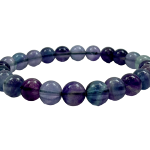 One 8mm round bead Fluorite bracelet from the side - small purple and green translucent beads - on a white background
