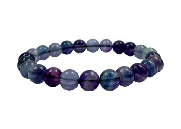 One 8mm round bead Fluorite bracelet from the side - small purple and green translucent beads - on a white background