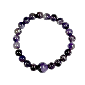 One 8mm/12mm round bead Amethyst bracelet from the top - small purple beads - on a white background