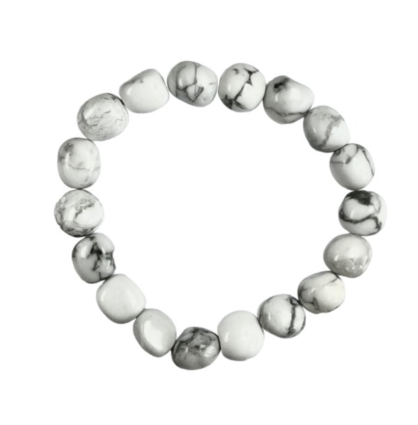 One Howlite nugget bracelet from the top - large white beads with black veining - on a white background