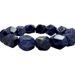 One Sodalite jumbo faceted bead bracelet from the top - small black beads - on a white background