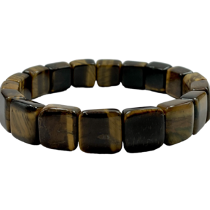 One square Tiger Eye bead bracelet from the side - gold, brown and black banded stone - on a white back ground