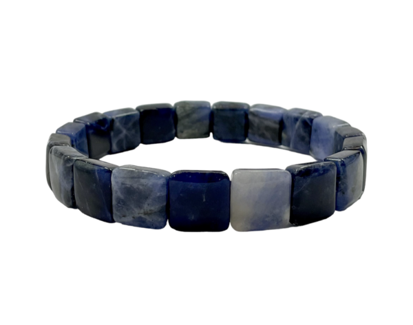 One square Sodalite bead bracelet from the side - blue stone with orange and white veining - on a white back ground