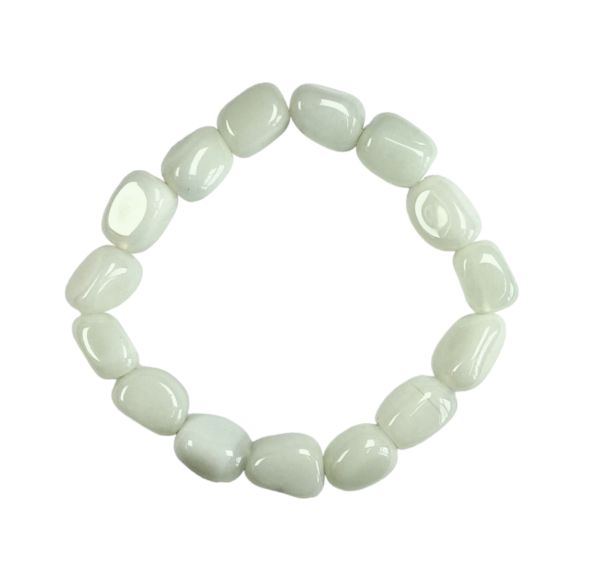 One Opalite nugget bracelet from the top - large pearlescent white beads - on a white background
