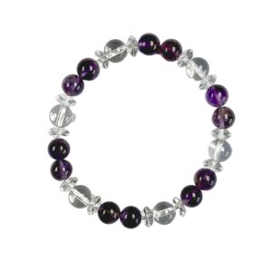 One Amethyst abacus bracelet -alternating round and disc beads of purple and clear quartz - on a white background