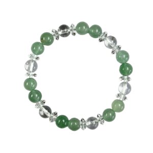 One aventurine abacus bracelet -alternating round and disc beads of green and clear quartz - on a white background