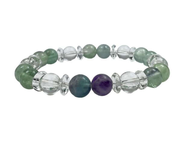 One Fluorite abacus bracelet -alternating round and disc beads of green/purple and clear quartz - on a white background