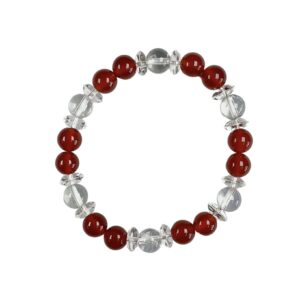 One Red Agate abacus bracelet -alternating round and disc beads of red and clear quartz - on a white background