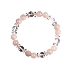 One Rose Quartz abacus bracelet -alternating round and disc beads of pink and clear quartz - on a white background