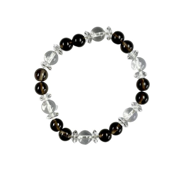 One Smoky Quartz abacus bracelet -alternating round and disc beads of dark grey and clear quartz - on a white background