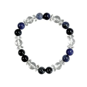 One Sodalite abacus bracelet -alternating round and disc beads of blue and clear quartz - on a white background