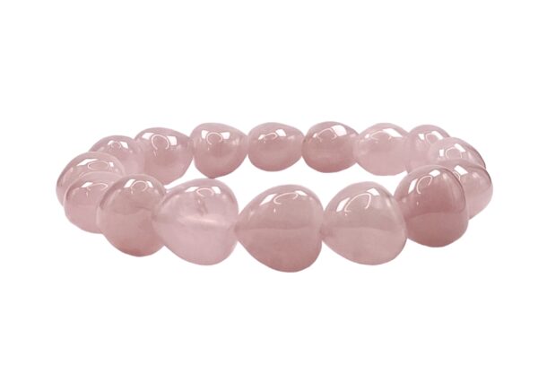 One heart bead Rose Quartz bracelet from the side - small 12mm heart pink beads - on a white background