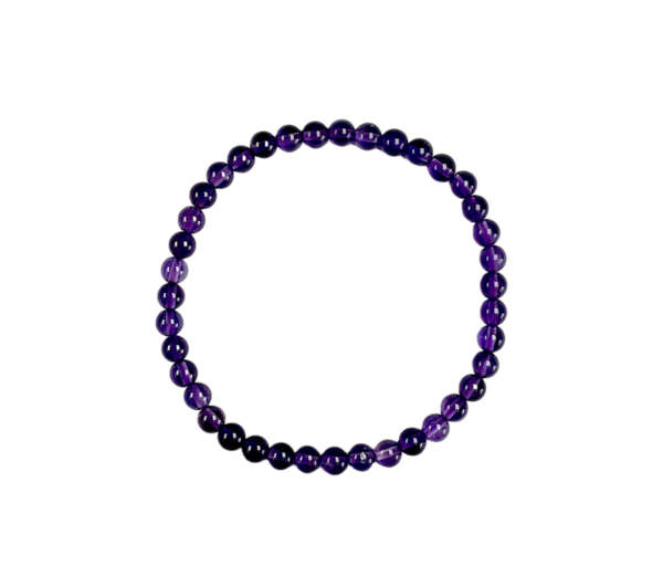 One 4mm round bead Amethyst bracelet from the side - small purple beads - on a white background