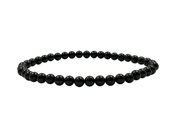 One 4mm round bead Black Tourmaline bracelet from the side - small black beads - on a white background