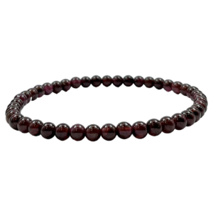 One 4mm round bead Garnet bracelet from the side - dark red banded beads - on a white background