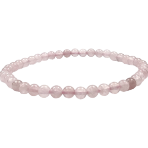One 4mm round bead Rose Quartz bracelet from the side - small pale pink banded beads - on a white background
