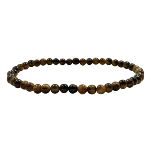 One 4mm round bead tigers eye bracelet from the side - small brown, gold and black banded beads - on a white background