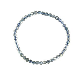 One 4mm faceted bead Labradorite bracelet from the top - small grey beads with blue flashes beads - on a white background