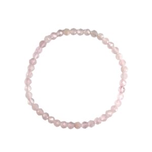 One 4mm faceted bead Rose Quartz bracelet from the top - small pale pink banded beads - on a white background