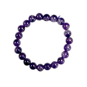 One 8mm round bead Amethyst bracelet from the top - small purple beads - on a white background