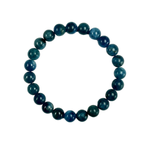 One 8mm round bead Apatite bracelet from the top - dark blue beads - on a white background