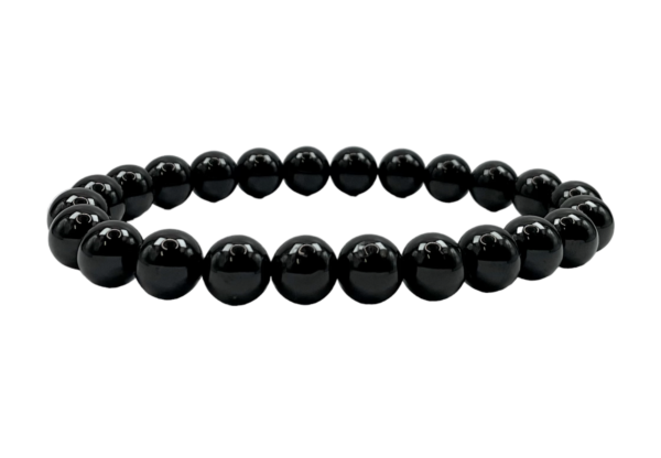 One 8mm round bead Black Tourmaline bracelet from the side - small black beads - on a white background