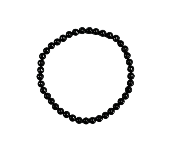 One 4mm round bead Shungite bracelet from the top - small grey beads - on a white background