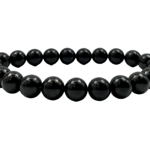 One 8mm round bead Shungite bracelet from the side - small black metallic beads - on a white background