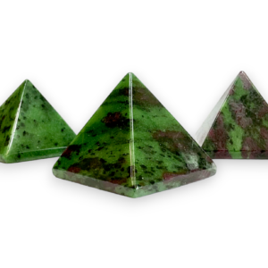 Three Ruby in Zoisite pyramids - mossy green with blooms of deep pink and red - on a white background