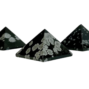 Three Obsidian Snowflake pyramids - black with white and grey blooms - on a white background
