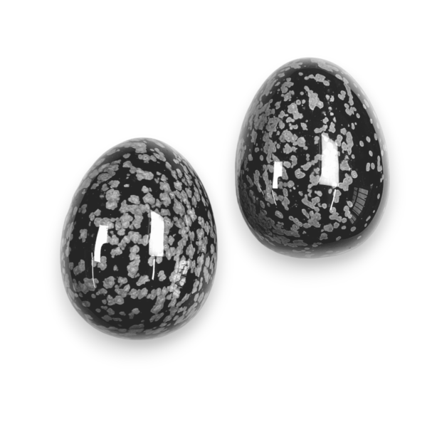 Two Snowflake Obsidian eggs - black stone with grey blooms and flowers - on a white background