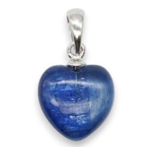 Two Kyanite heart pendants - blue stone cut into a heart shape on a silver chain - on a white background.