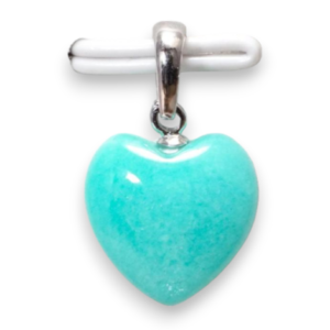Two Amazonite heart pendants - teal stone cut into a heart shape on a silver chain - on a white background.