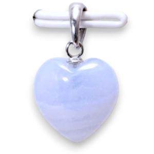 Two Blue Lace A+ heart pendants - banded pale blue and white stone cut into a heart shape on a silver chain - on a white background.