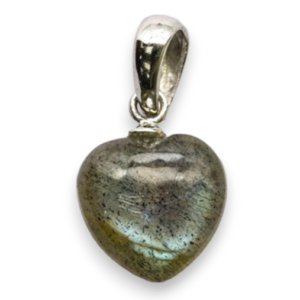 Two Labradorite heart pendants - grey/green stone with a blue flash, cut into a heart shape on a silver chain - on a white background.